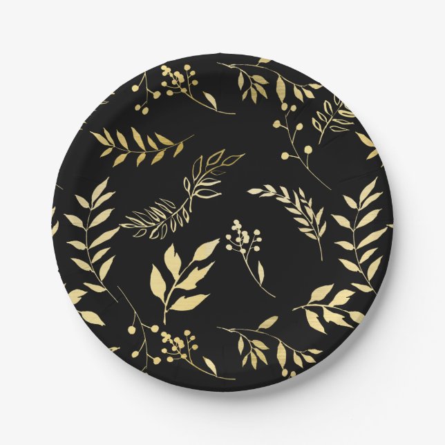 Black & Gold Botanical Glamour Glam Wedding Party Paper Plates (Front)