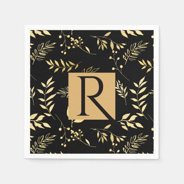 Black & Gold Botanical Glamour Wedding Monogram Paper Napkins (Front)