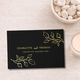 Black gold botanical luxury wedding  foil guest book 