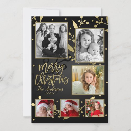 Black  Gold Botanical Merry Christmas 6 Photo Holiday Card