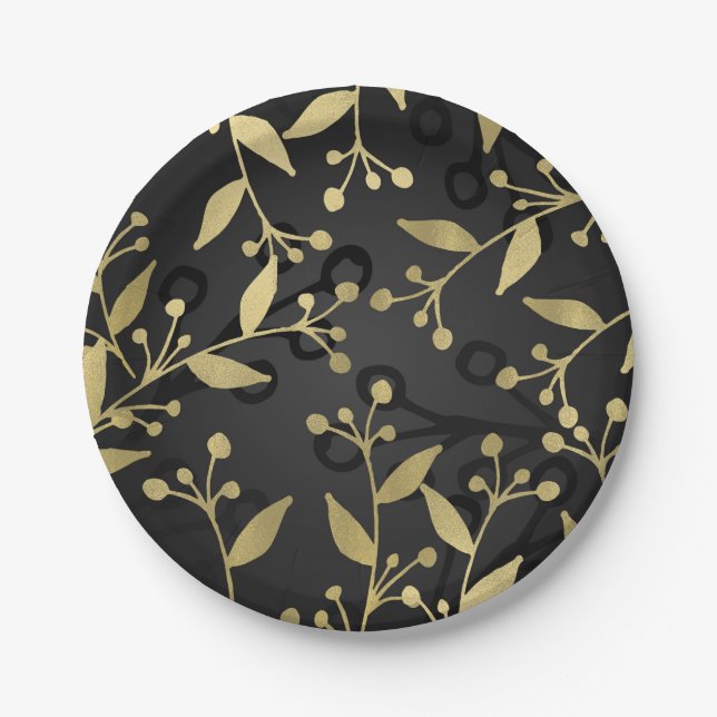 Black Gold Botanical Modern Rustic Branches Party Paper Plates (Front)
