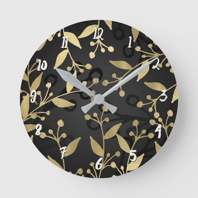 Black & Gold Botanical Modern Rustic Branches Round Clock (Front)