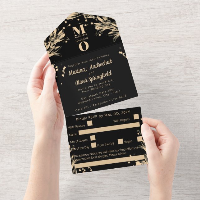 Black Gold Botanical Monogram Wedding Script All In One Invitation (Tearaway)