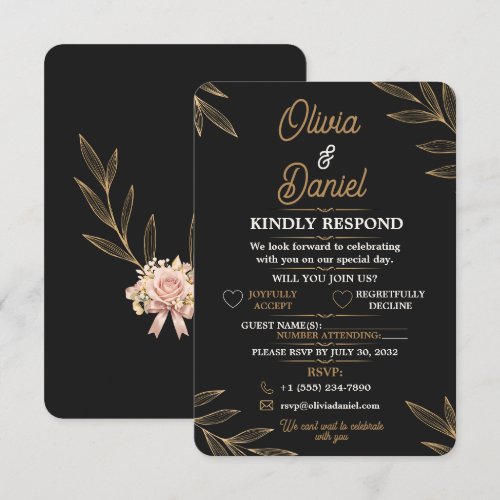 Black Gold Botanical RSVP Card Editable