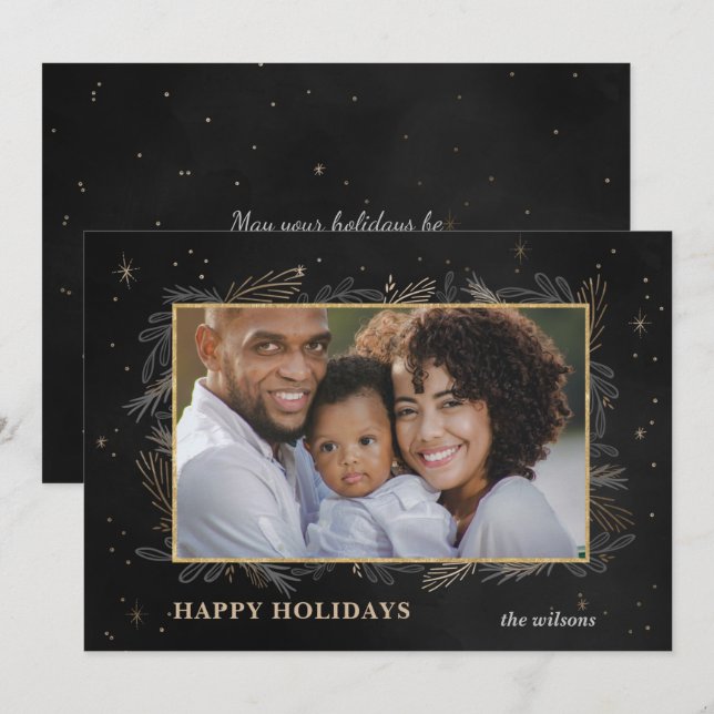 Black Gold Botanical Sparkle Photo Holiday Card (Front/Back)