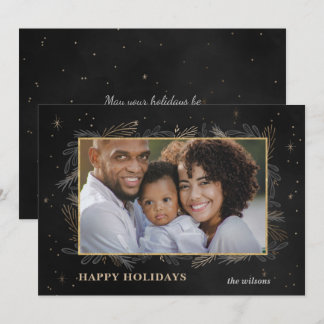 Black Gold Botanical Sparkle Photo Holiday Card