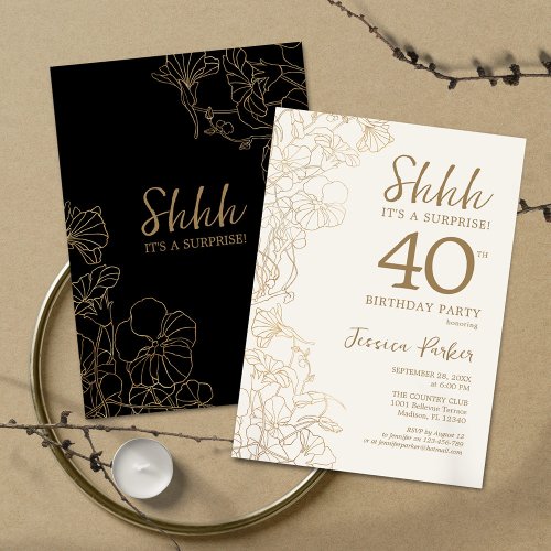 Black Gold Botanical Surprise 40th Birthday Invitation