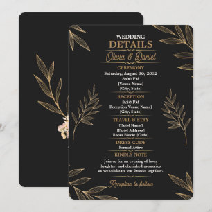 Black Gold Botanical Wedding Details Card Editable