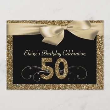Black Gold Bow 50th Woman's Birthday Invitation by CleanGreenDesigns at Zazzle