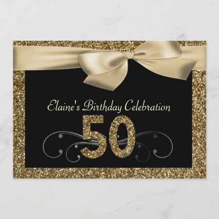 Black Gold Bow 50th Woman's Birthday Invitation