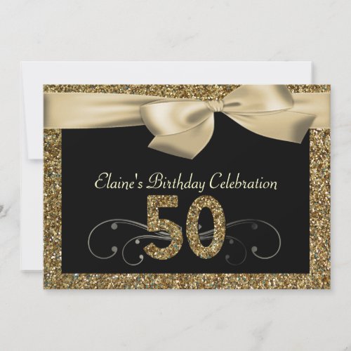 Black Gold Bow 50th Woman's Birthday Invitation