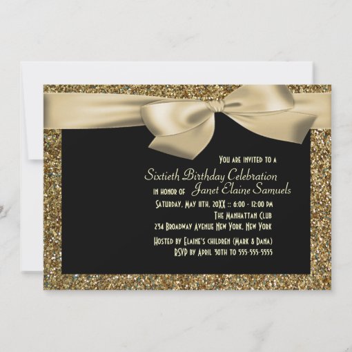 Black Gold Bow 60th Woman's Birthday Invitation | Zazzle