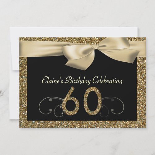 Black Gold Bow 60th Womans Birthday Invitation