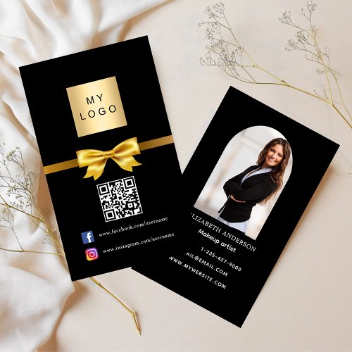 Black gold bow arch photo Qr code social media Business Card