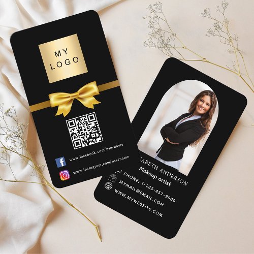 Black gold bow arch photo Qr code social media Business Card