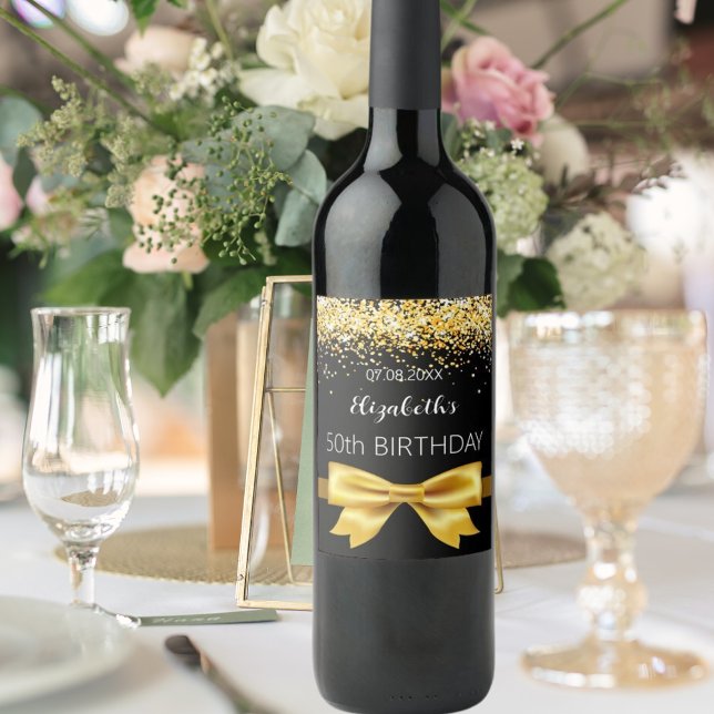 Black gold bow birthday wine label (Creator Uploaded)