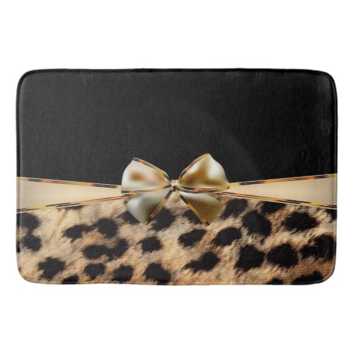 Black  Gold Bow Leopard Cheetah Animal Print Bathroom Mat