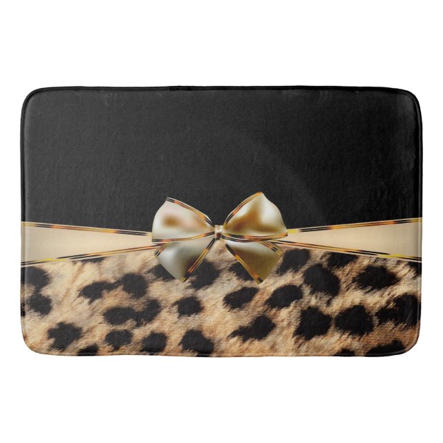 Black & Gold Bow Leopard Cheetah Animal Print Bathroom Mat (Front)