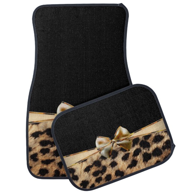 Black & Gold Bow Leopard Cheetah Animal Print Car Mat (Set)
