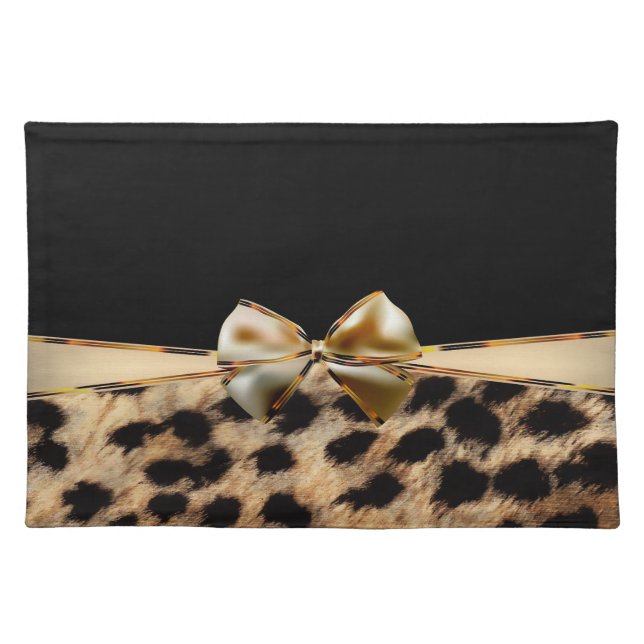 Black & Gold Bow Leopard Cheetah Animal Print Cloth Placemat (Front)
