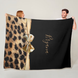 Black & Gold Bow Leopard Cheetah Animal Print Fleece Blanket