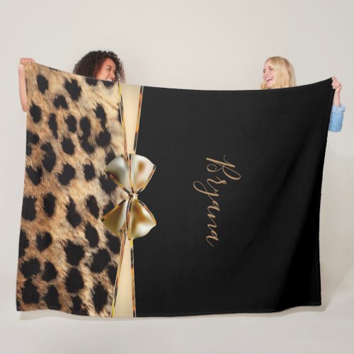 Black  Gold Bow Leopard Cheetah Animal Print Fleece Blanket