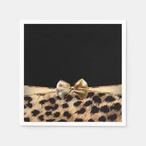 Black  Gold Bow Leopard Cheetah Animal Print Paper Napkins