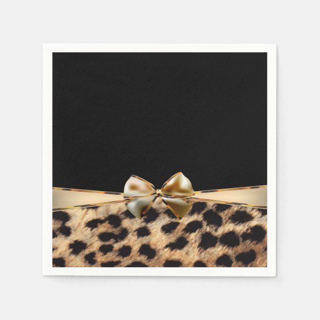 Black & Gold Bow Leopard Cheetah Animal Print Paper Napkins (Front)