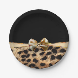 Black & Gold Bow Leopard Cheetah Animal Print Paper Plates