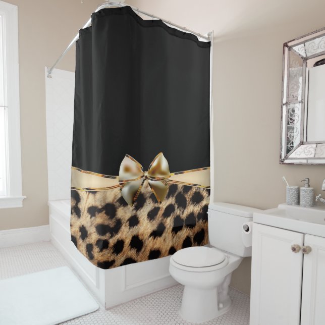 Black & Gold Bow Leopard Cheetah Animal Print Shower Curtain (In Situ)