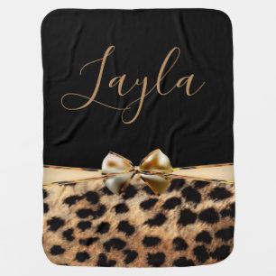 Black & Gold Bow Leopard Cheetah Animal Print Stroller Blanket