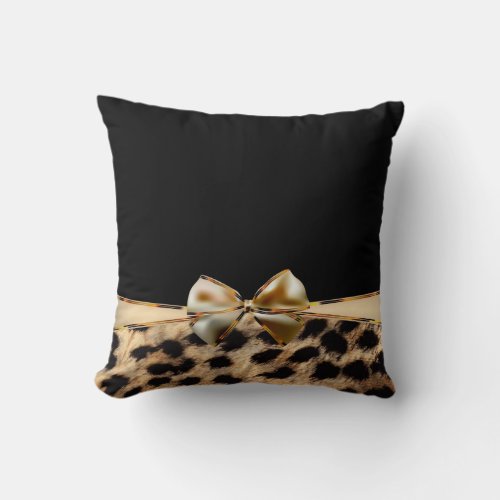 Black  Gold Bow Leopard Cheetah Animal Print Throw Pillow