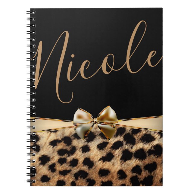 Black Gold Bow Leopard Cheetah Print Personalized Notebook (Front)