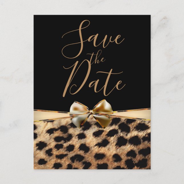Black Gold Bow Leopard Cheetah Print Save the Date Announcement Postcard (Front)