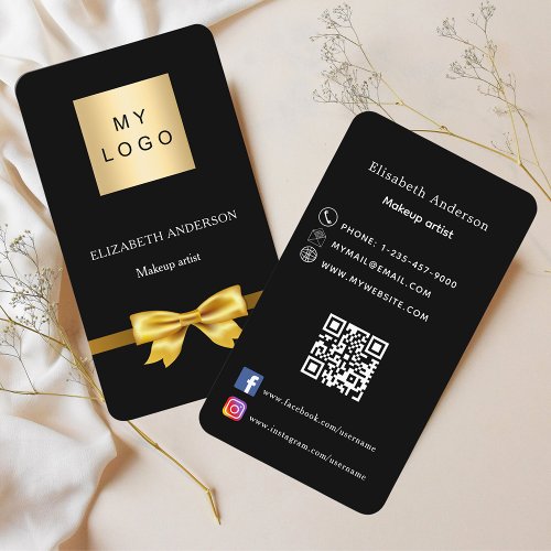 Black gold bow logo Qr code social media Business Card