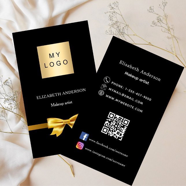 Black gold bow logo Qr code social media premium Business Card (Creator Uploaded)