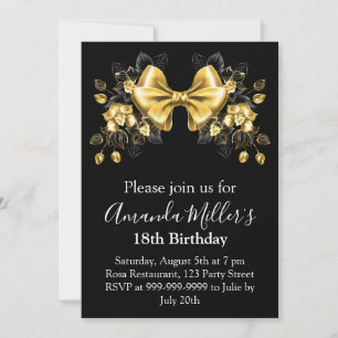 Black gold bow luxury birthday magnetic invitation