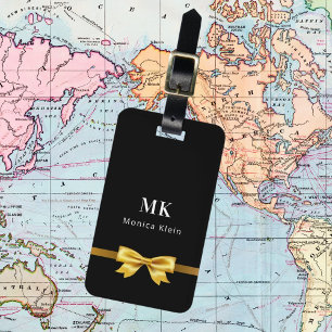 Black gold bow monogram initials elegant luggage tag