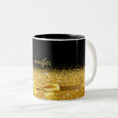 Black gold bow name elegant script Two-Tone coffee mug (Front Right)