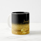 Black gold bow name elegant script Two-Tone coffee mug (Front Left)