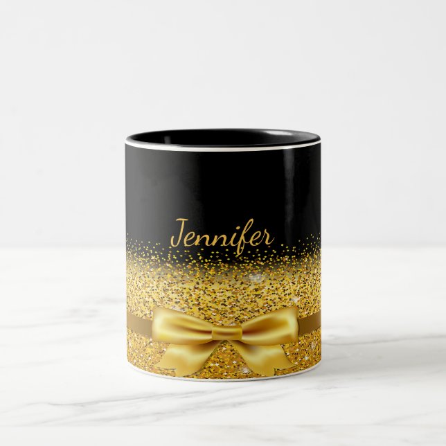 Black gold bow name elegant script Two-Tone coffee mug (Center)