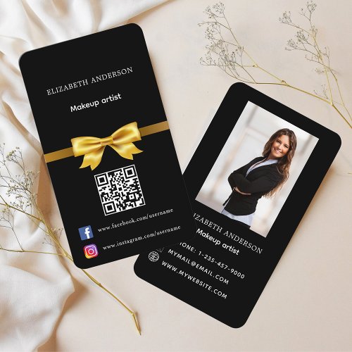 Black gold bow photo Qr code social media Business Card