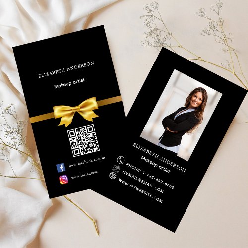 Black gold bow photo Qr code social media Business Card