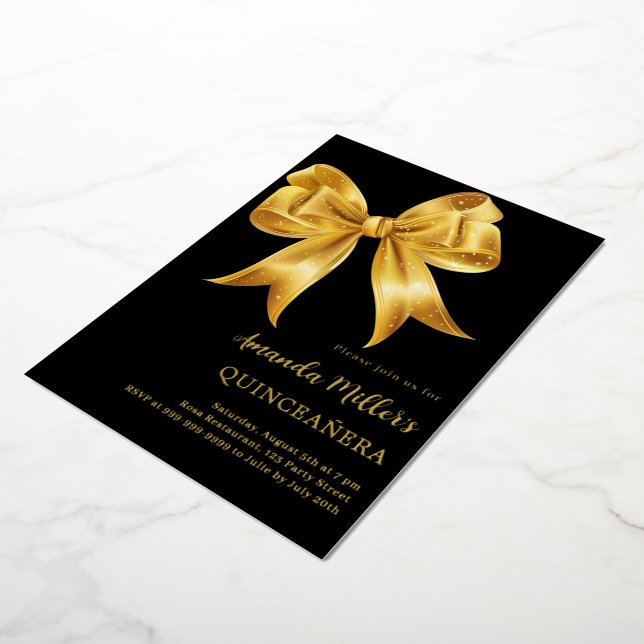 Black gold bow Quinceanera luxury Foil Invitation (Rotated)