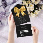 Black gold bow rsvp birthday all in one invitation<br><div class="desc">A black background,  decorated with a large golden bow.  Personalize and add names,  party details,  RSVP date,  return address and name.</div>