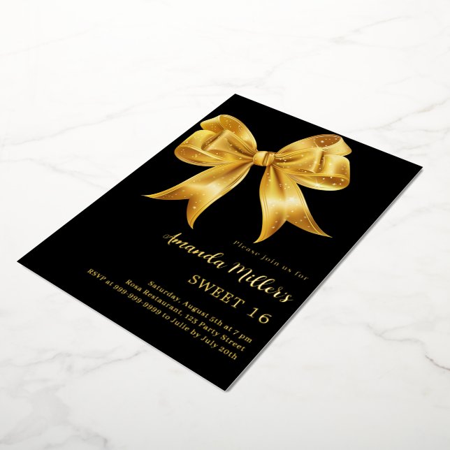 Black gold bow Sweet 16 Foil Invitation (Rotated)