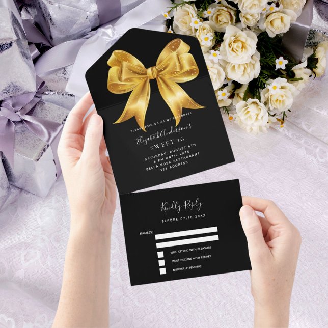 Black gold bow Sweet 16 rsvp All In One Invitation (Creator Uploaded)