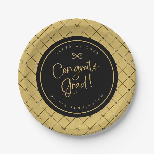 Black Gold Bows Congrats Grad Graduation Party Paper Plates (Front)