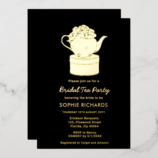 Black Gold Bridal Tea Party Foil Invitation (Front/Back)