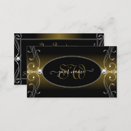 Black Gold Brown Ornate Sparkle Diamonds Initials Business Card